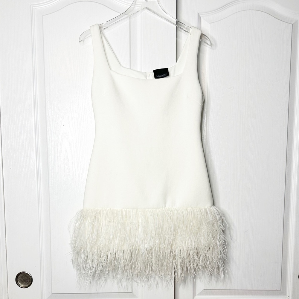 Cynthia Rowley Cream Square-Neck Mini Dress with Feather Hem - Picture 4 of 10